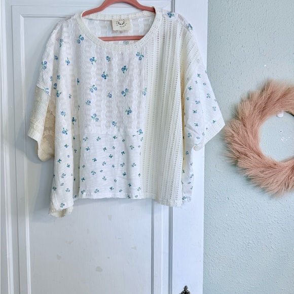 Fantastic Fawn Tops - Fantastic Fawn Cream Floral Patchwork Blouse with Blue Accent